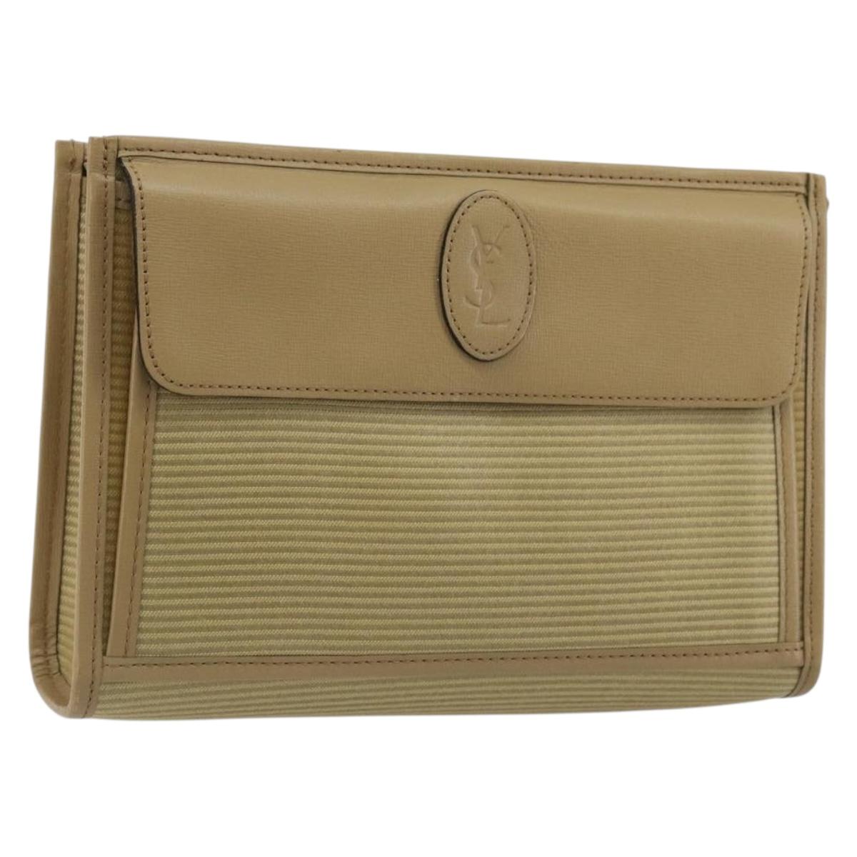 SAINT LAURENT Clutch Bag Coated Canvas Beige Gold Auth 175140