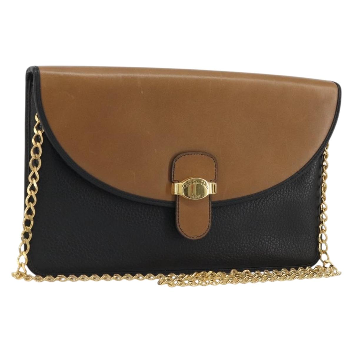 Christian Dior Chain Shoulder Bag Leather Black Gold Auth 175172