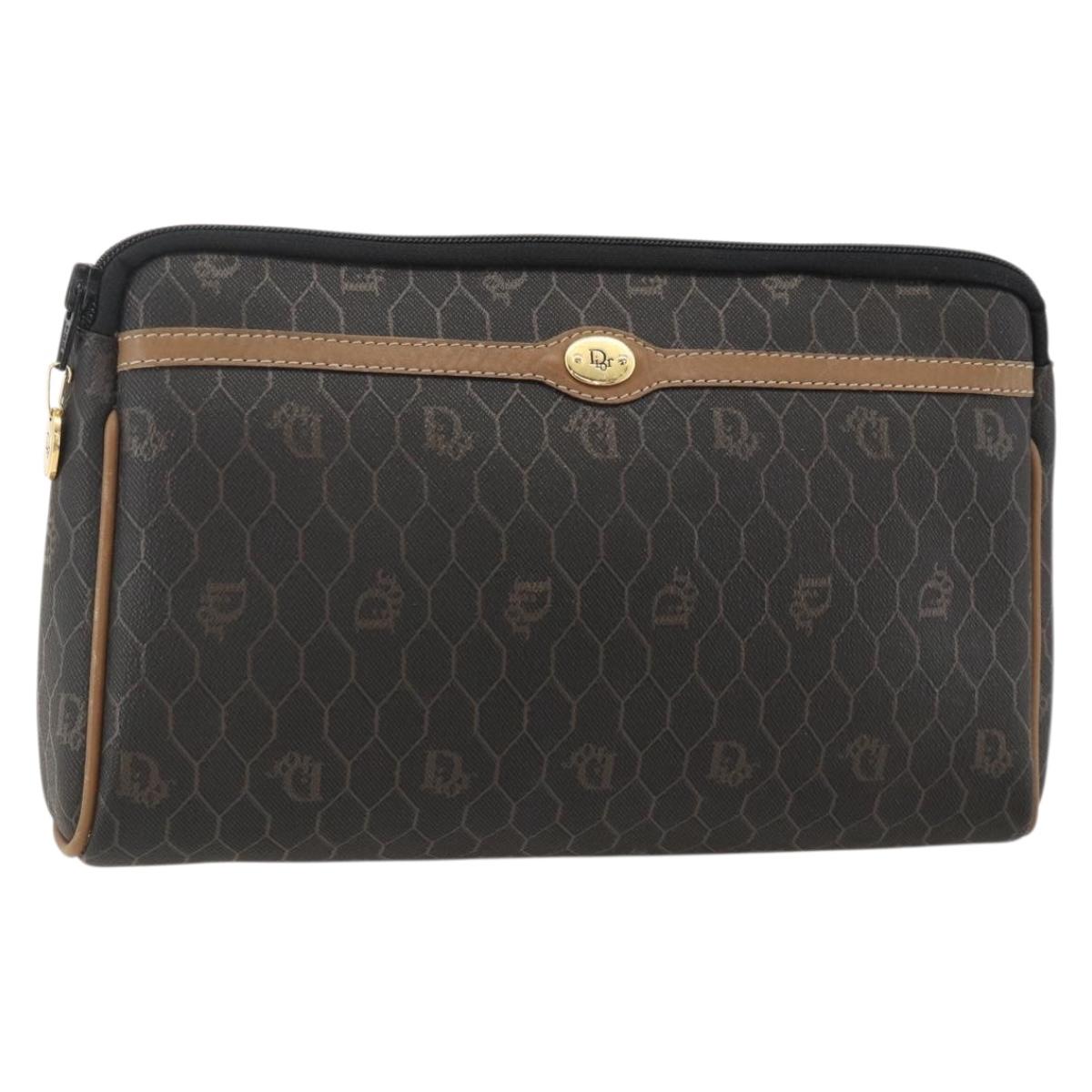 Christian Dior Honeycomb Canvas Clutch Bag PVC Black Gold Auth 175176