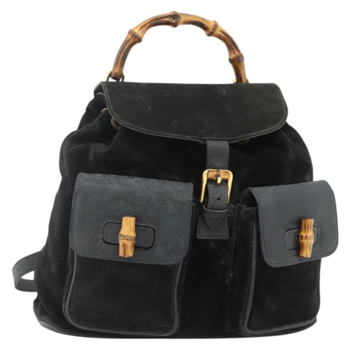 GUCCI Bamboo Backpack Suede Black Gold 003 2058 0016 Auth 175199