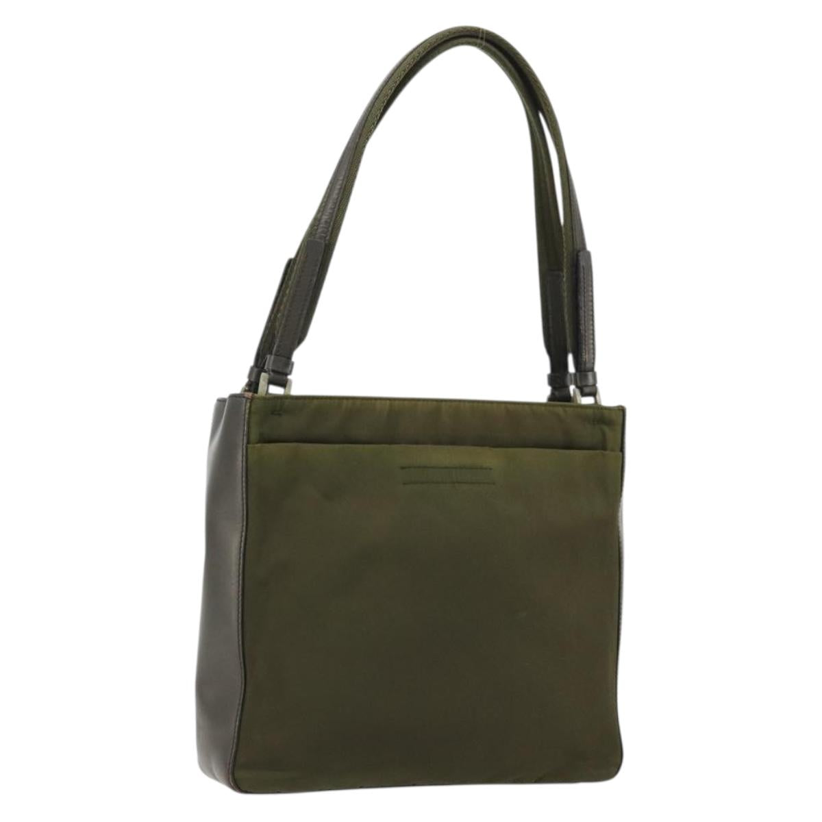 PRADA Hand Bag Nylon Khaki Silver Auth 175268