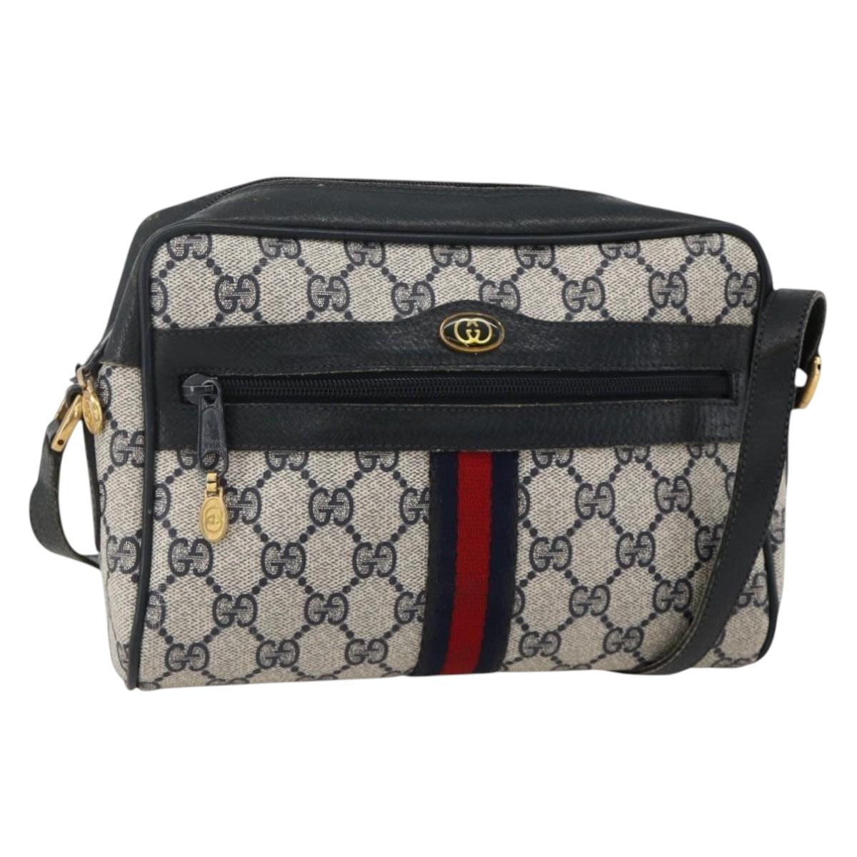 GUCCI GG Supreme Sherry Line Bag PVC Navy Gold Red 65 02 004 Auth 175281