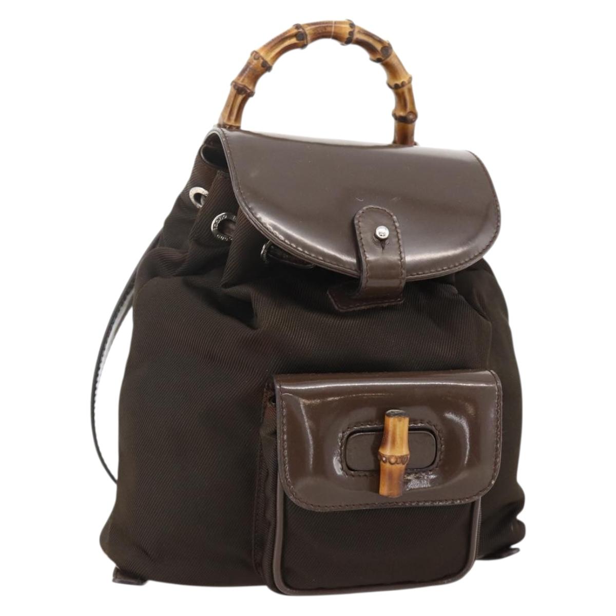 GUCCI Bamboo Backpack Nylon Brown Silver 003 1998 0030 Auth 175306