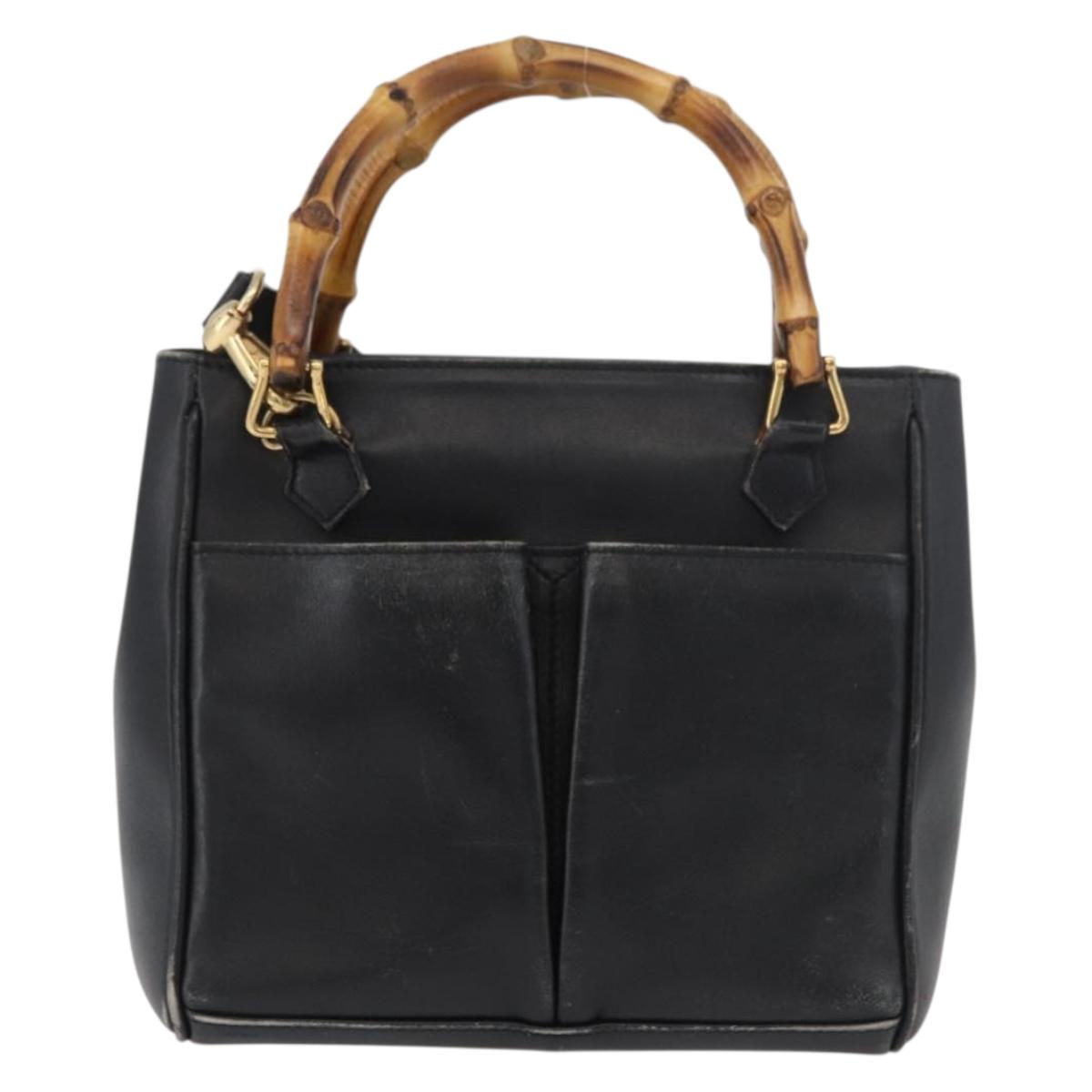 GUCCI Bamboo Hand Bag Leather 2way Black Gold 001 123 1638 Auth 175334