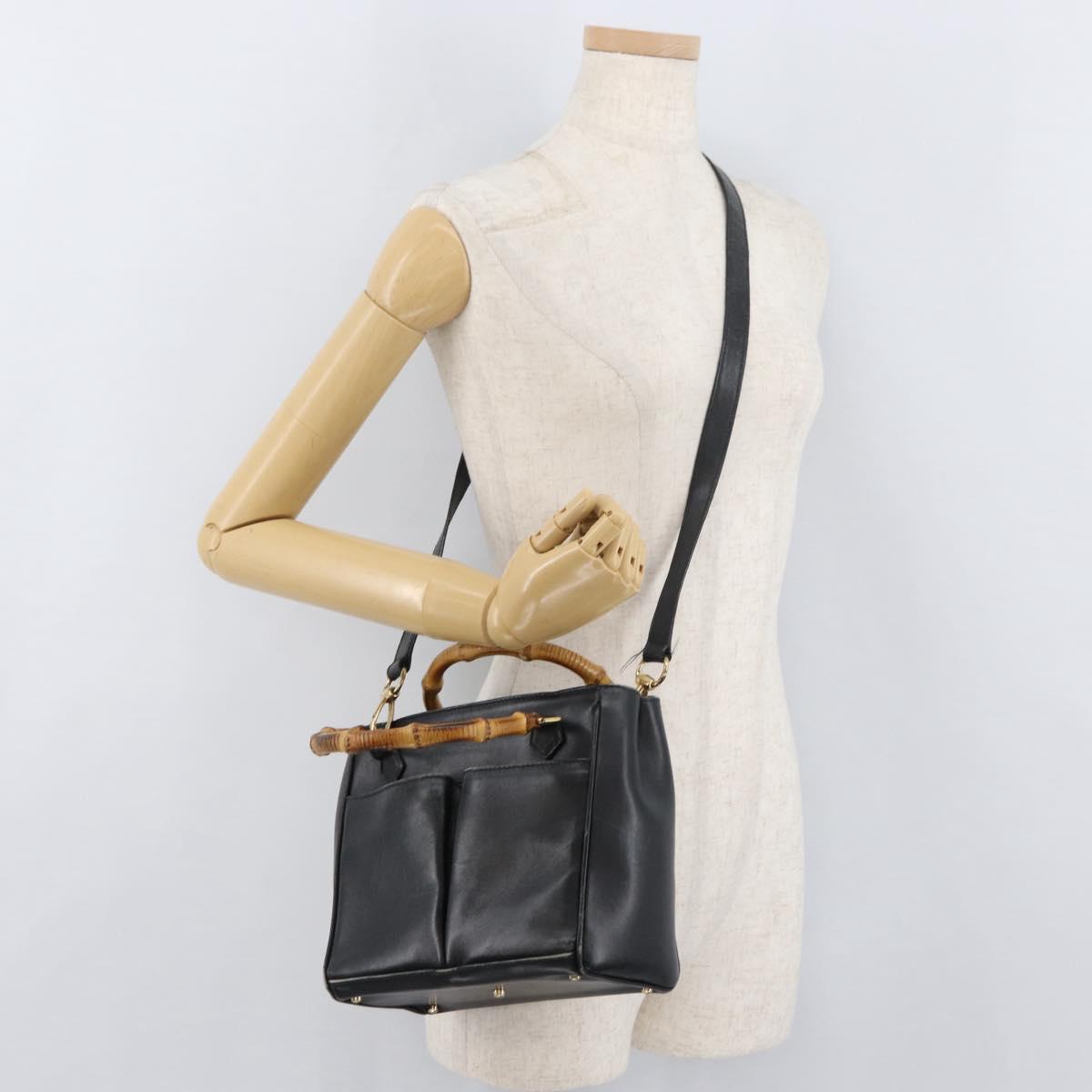 GUCCI Bamboo Hand Bag Leather 2way Black Gold 001 123 1638 Auth 175334