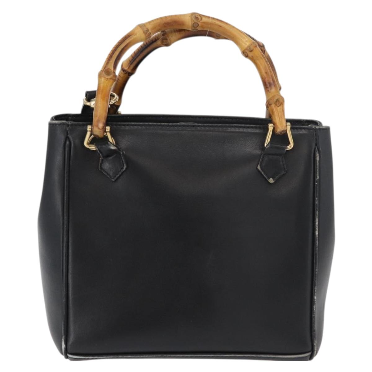 GUCCI Bamboo Hand Bag Leather 2way Black Gold 001 123 1638 Auth 175334