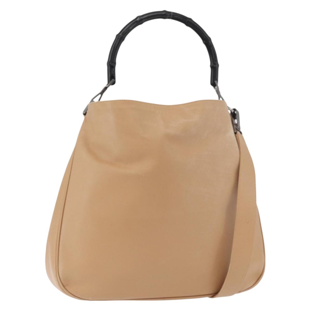 GUCCI Bamboo Shoulder Bag Leather 2way Beige Silver 001 1577 2123 Auth 175350