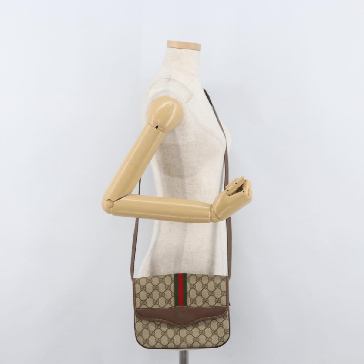 GUCCI GG Supreme Web Sherry Line Shoulder Bag PVC Beige Gold Auth 175366