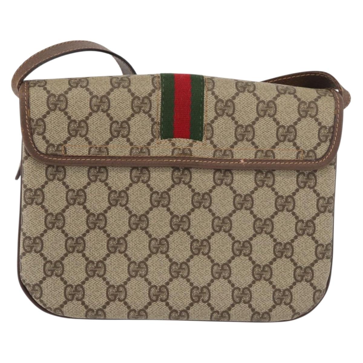 GUCCI GG Supreme Web Sherry Line Shoulder Bag PVC Beige Gold Auth 175366