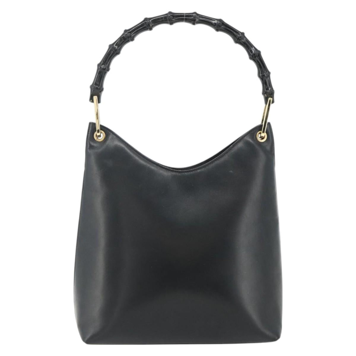 GUCCI Bamboo Shoulder Bag Leather Black Gold 001 3007 Auth 175395