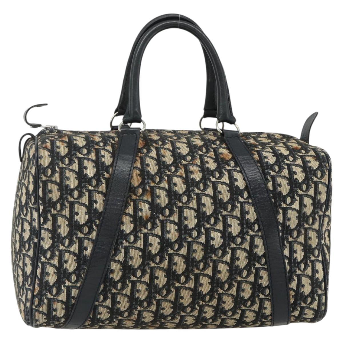 Christian Dior Trotter Canvas Boston Bag Navy Silver Auth 175415
