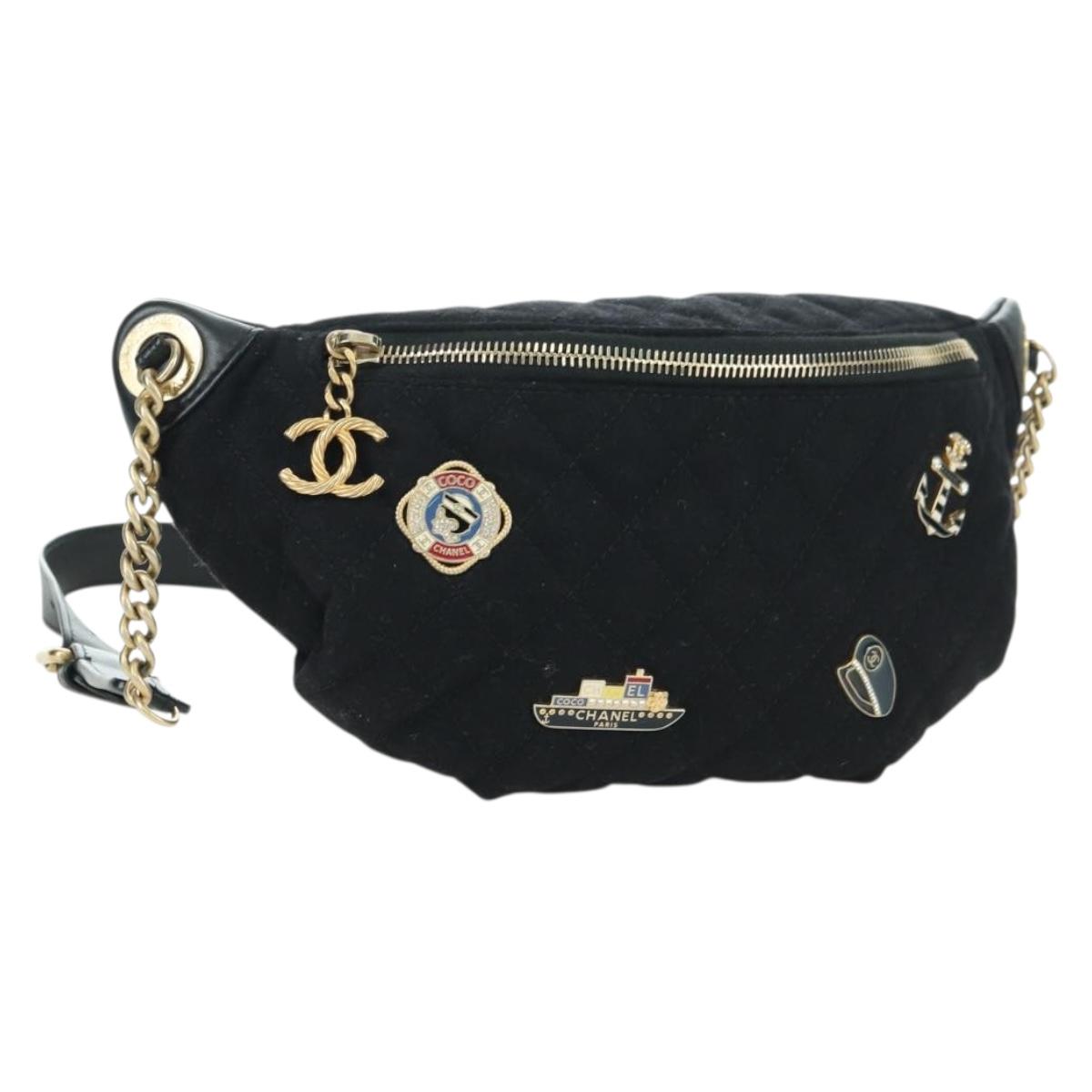 CHANEL Matelasse Chain Shoulder Bag Cotton Black Gold CC Auth 175443SAM