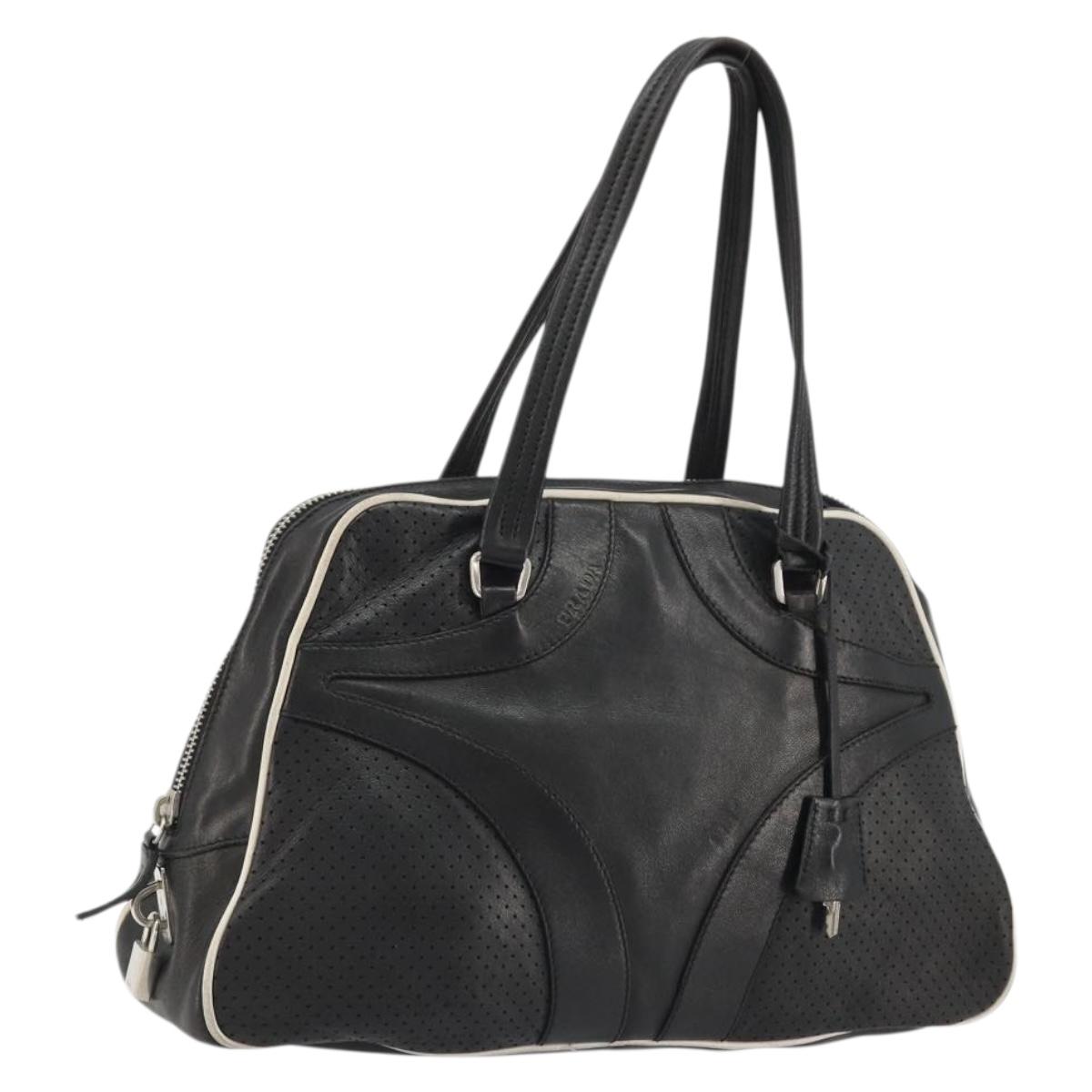 PRADA Hand Bag Leather Black Silver Auth 175445A