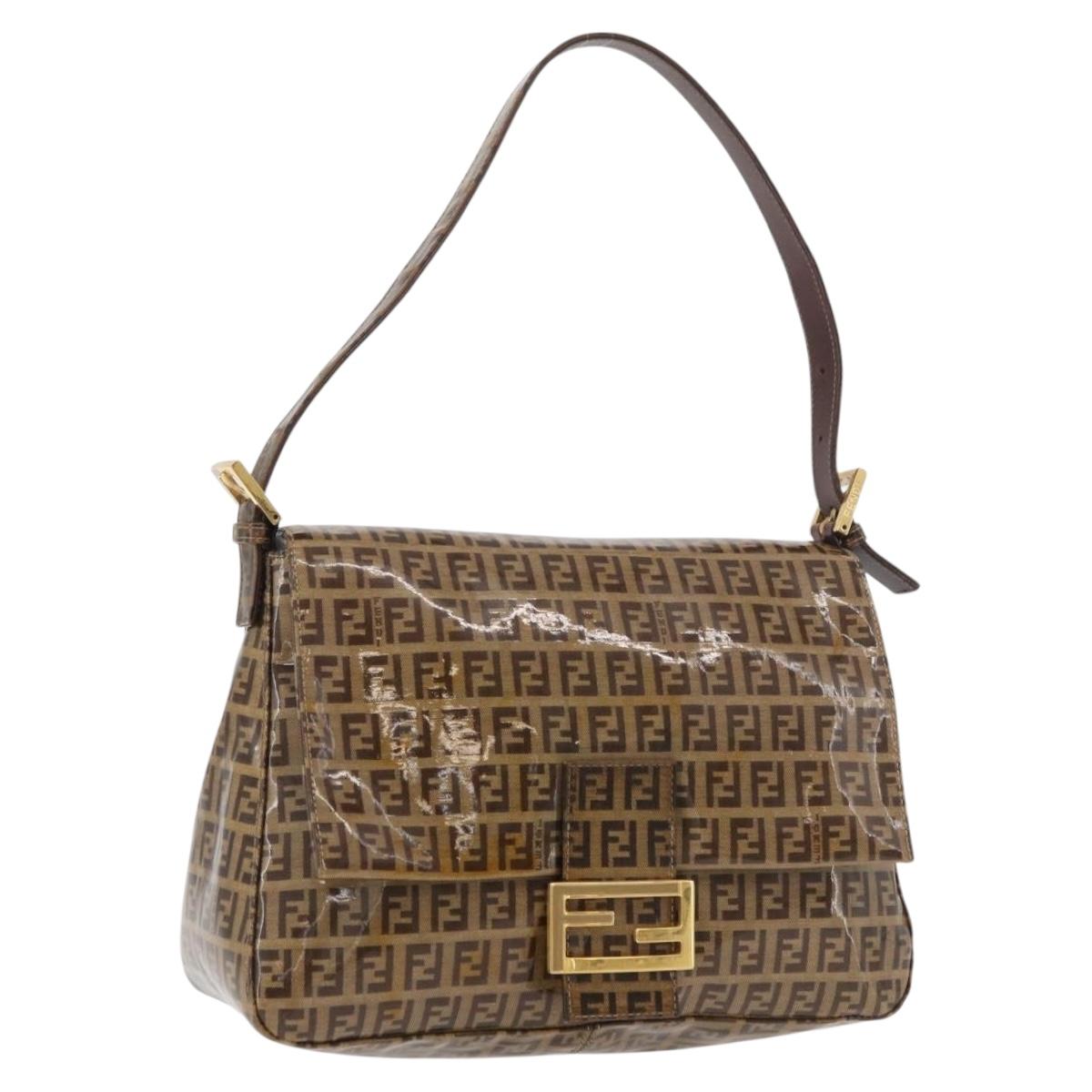FENDI Zucchino Canvas Mamma Baguette Shoulder Bag Beige Gold Auth 175477