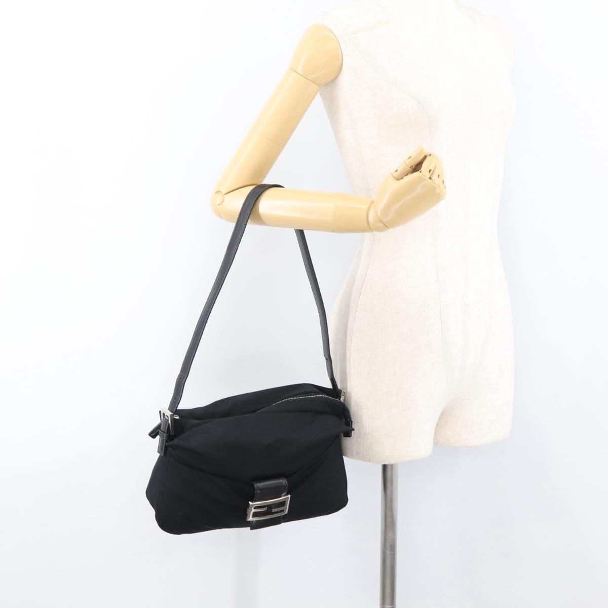 FENDI Mamma Baguette Shoulder Bag Nylon Black Silver Auth 175505A