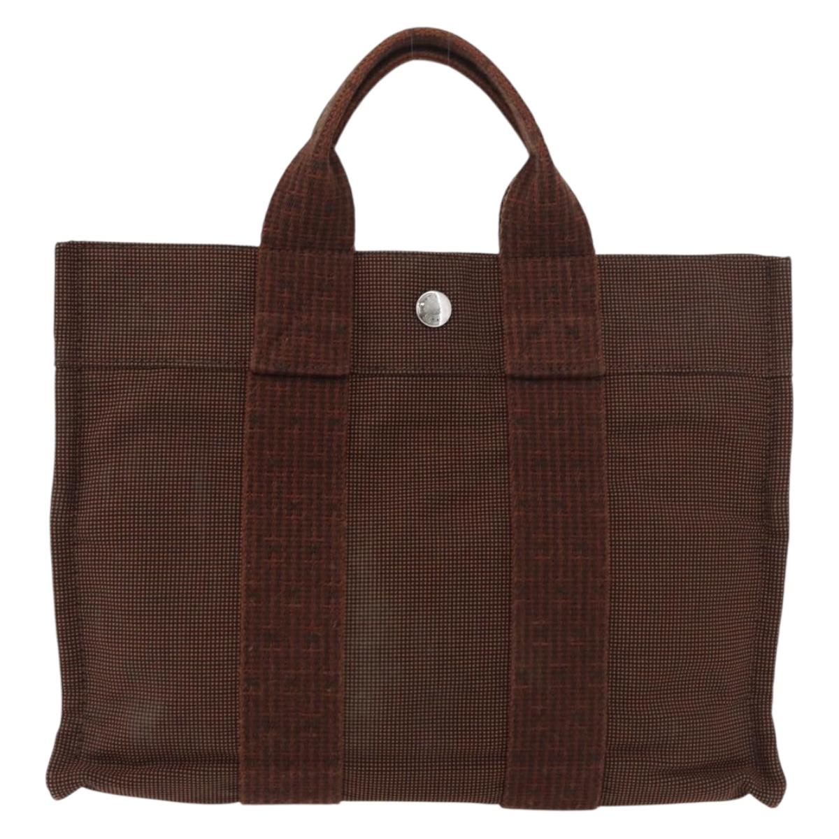 HERMES Her Line PM Hand Bag Canvas Brown Silver Auth 175534