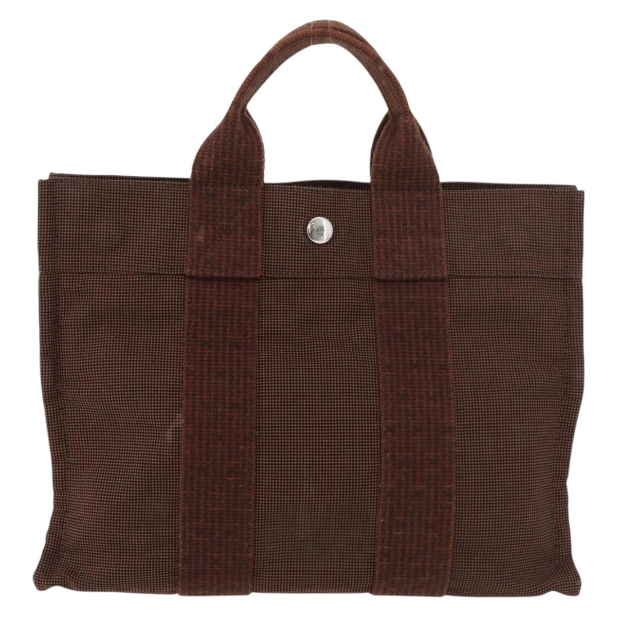 HERMES Her Line PM Hand Bag Canvas Brown Silver Auth 175534