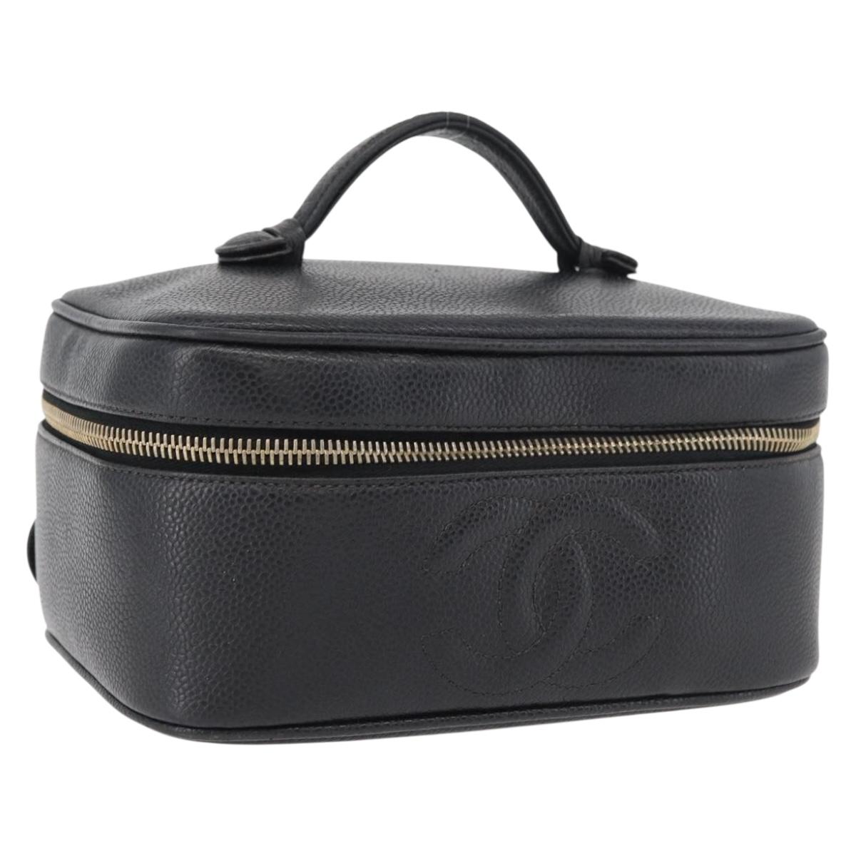 CHANEL Vanity Cosmetic Pouch Caviar Skin Black Gold CC Auth 175587