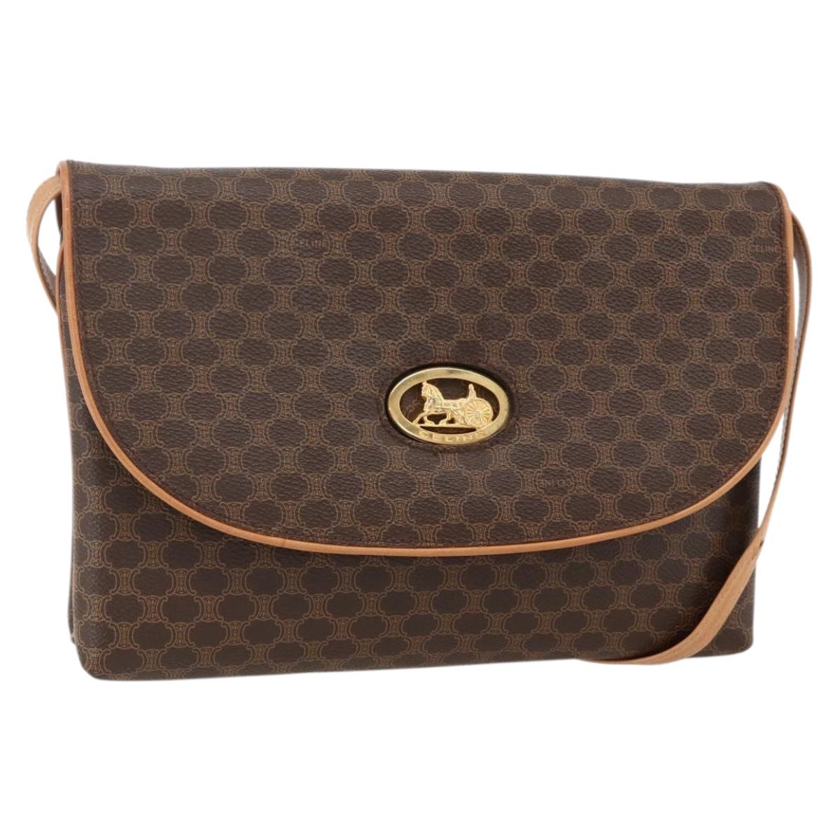 CELINE Macadam Canvas Horse Carriage Bag PVC Leather Brown Gold Auth 175596A