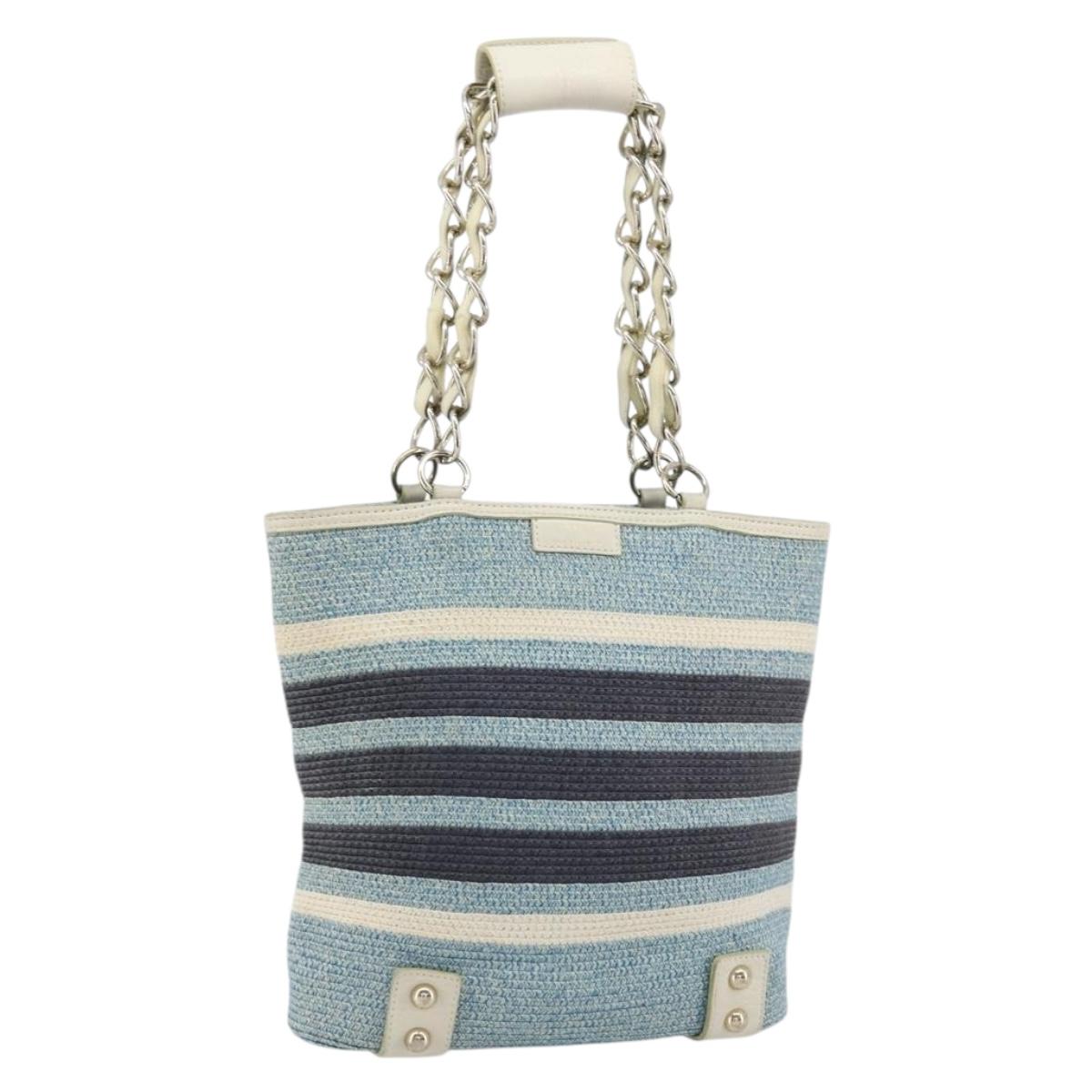 BURBERRY Chain Blue Label Tote Bag Cotton Light Blue Gold Auth 175604A