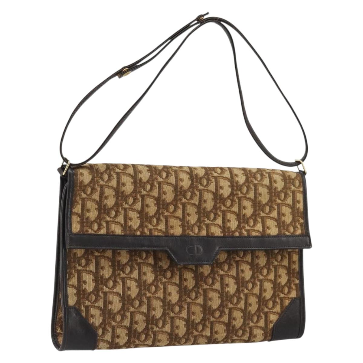 Christian Dior Trotter Canvas Shoulder Bag Beige Gold Auth 175623