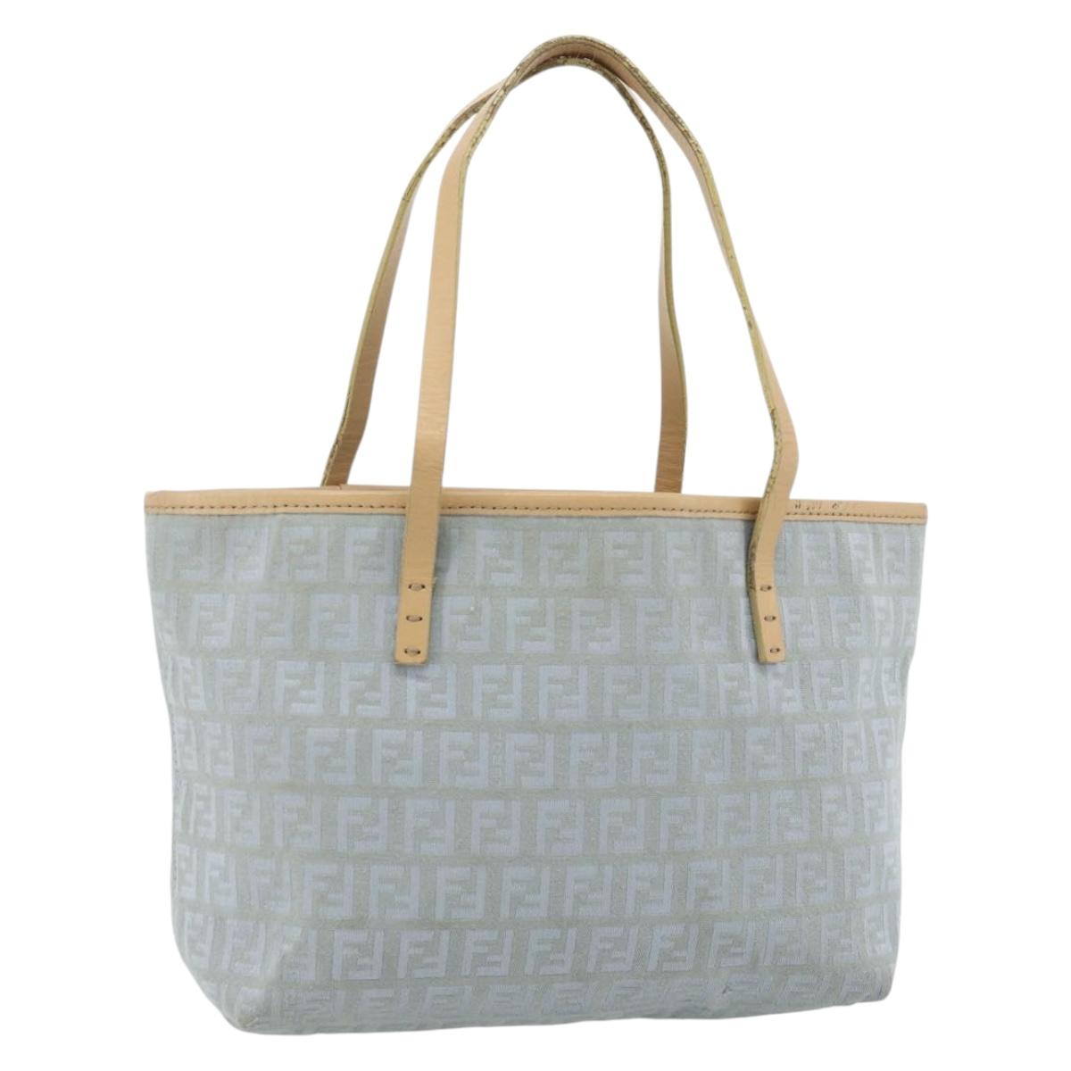 FENDI Zucchino Canvas Tote Bag Light Blue Silver Auth 175635