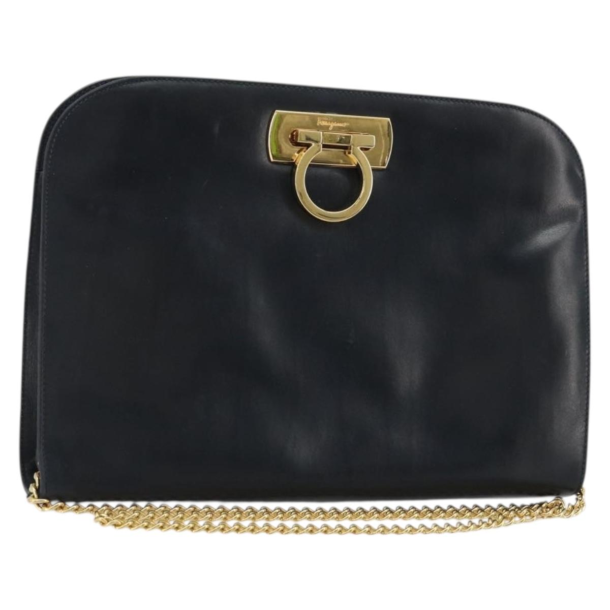 Salvatore Ferragamo Gancini Chain Shoulder Bag Leather Navy Gold Auth 175636