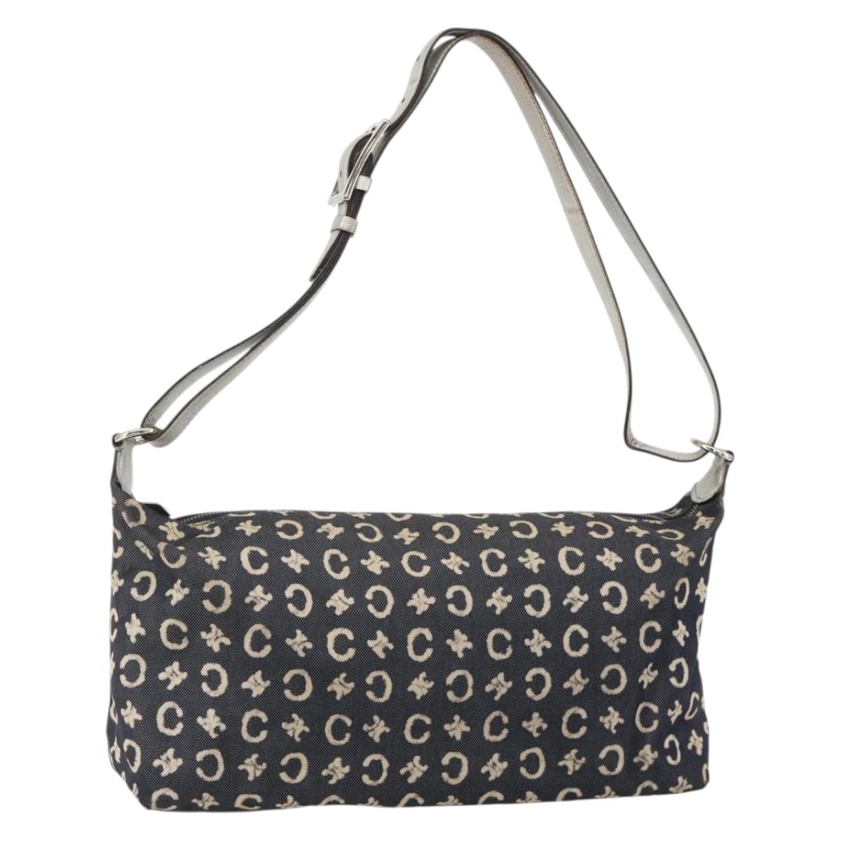 CELINE C Macadam Canvas Shoulder Bag Navy Silver Auth 175644A