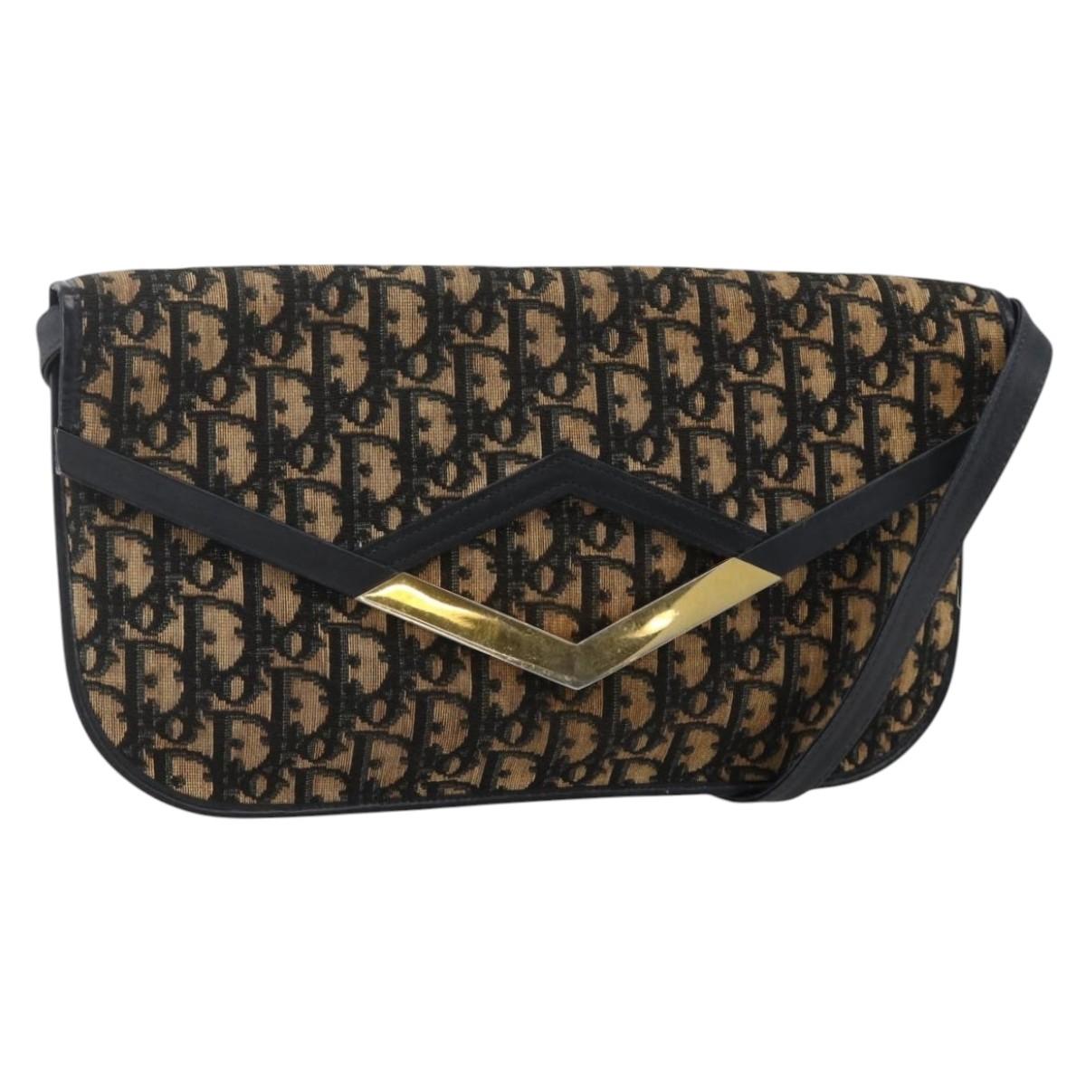 Christian Dior Trotter Canvas Shoulder Bag Navy Gold Auth 175654