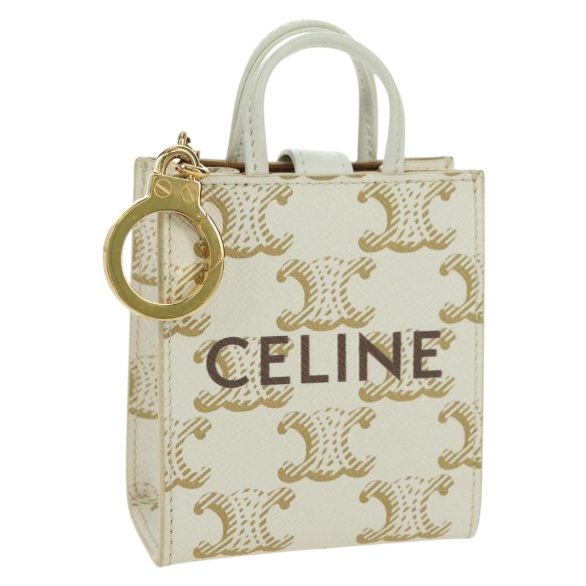 CELINE Macadam Canvas Micro Vertical Cover Bag Charm PVC White Gold Auth 175660M