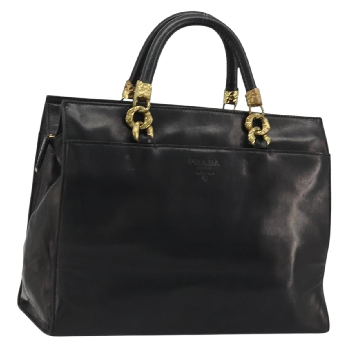 PRADA Hand Bag Leather Black Gold Auth 175714A