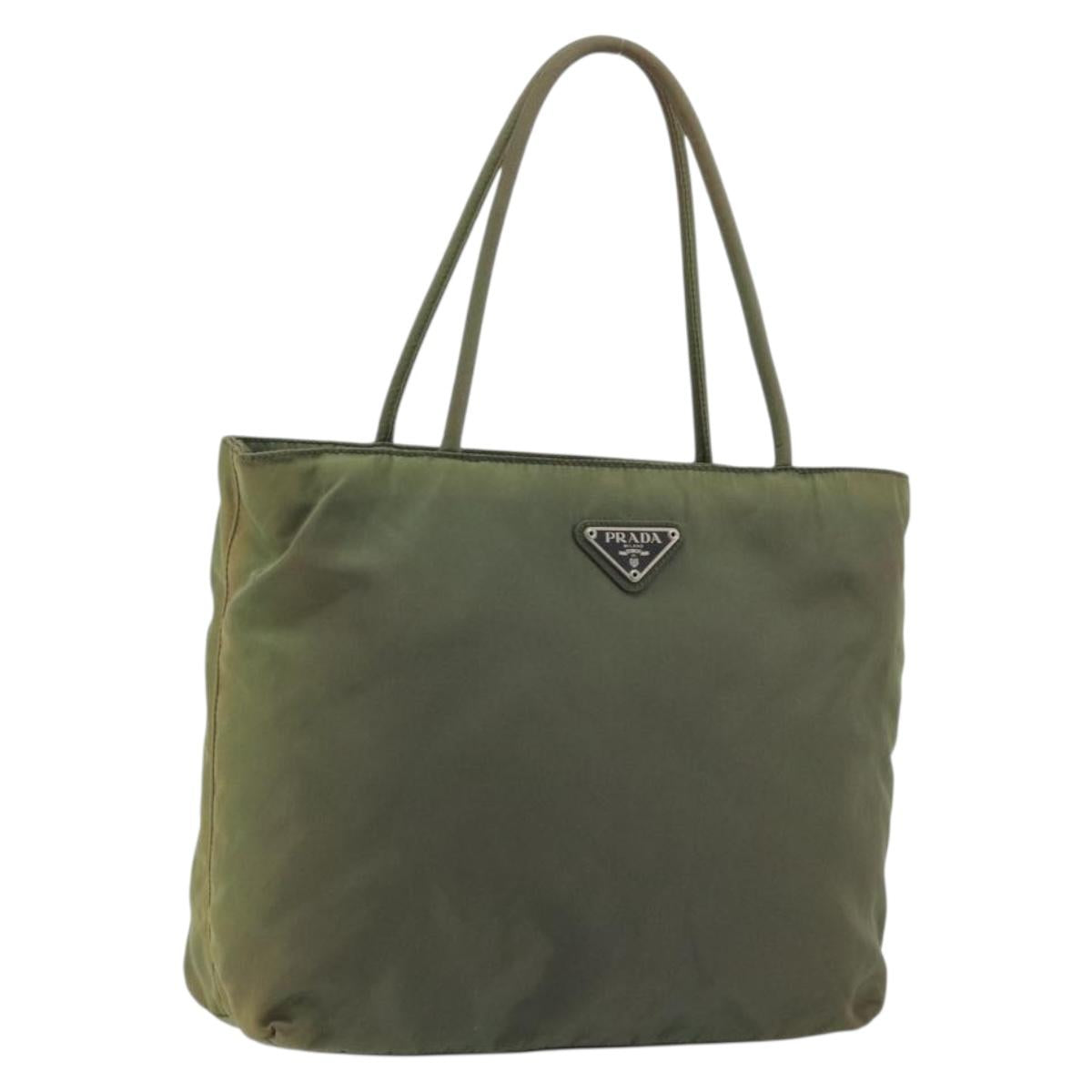 PRADA Hand Bag Nylon Khaki Silver Auth 175731