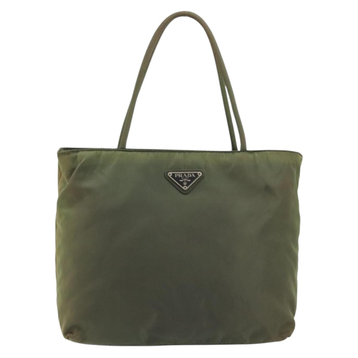 PRADA Hand Bag Nylon Khaki Silver Auth 175731