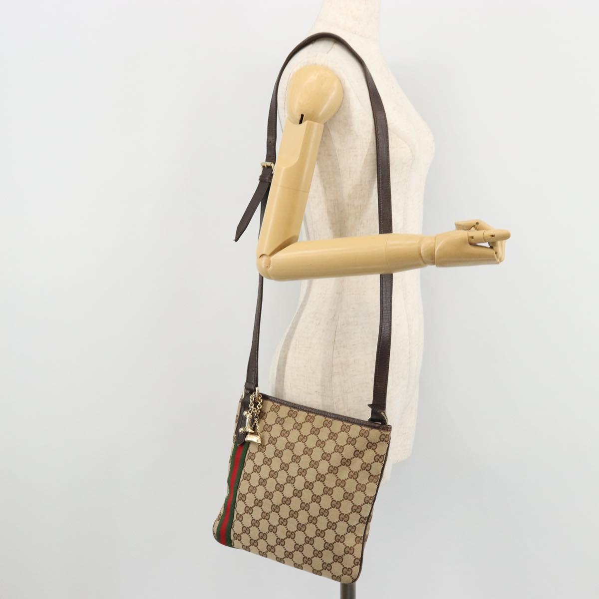 GUCCI GG Canvas Web Sherry Line Shoulder Bag Beige Red Green 144388 Auth 175734