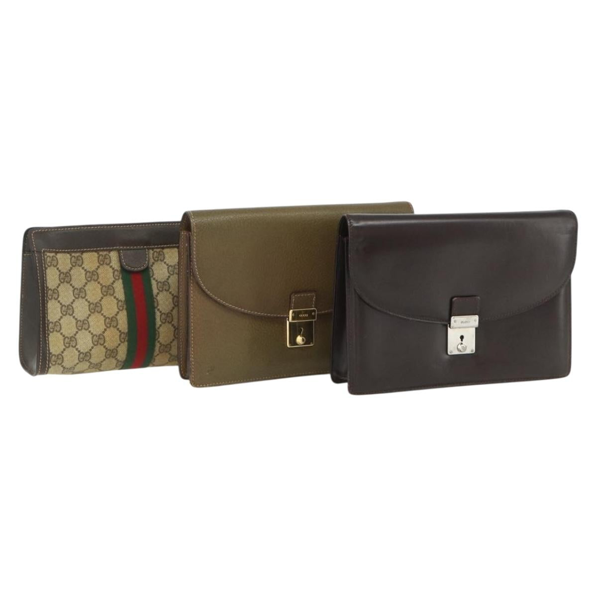 GUCCI GG Supreme Web Sherry Line Bag Leather PVC 3 Set Beige Brown Auth 175753