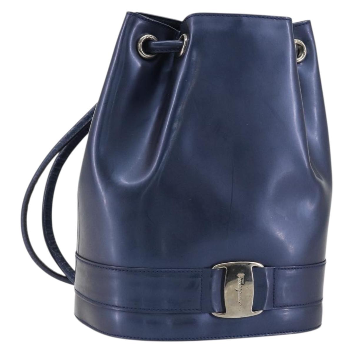 Salvatore Ferragamo Vala Backpack Patent leather Navy Silver Auth 175785