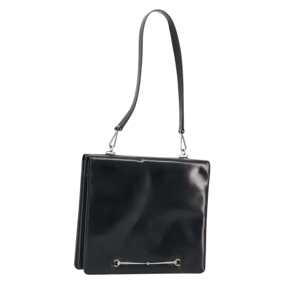 GUCCI Horsebit Shoulder Bag Patent leather Black Silver Auth 175800