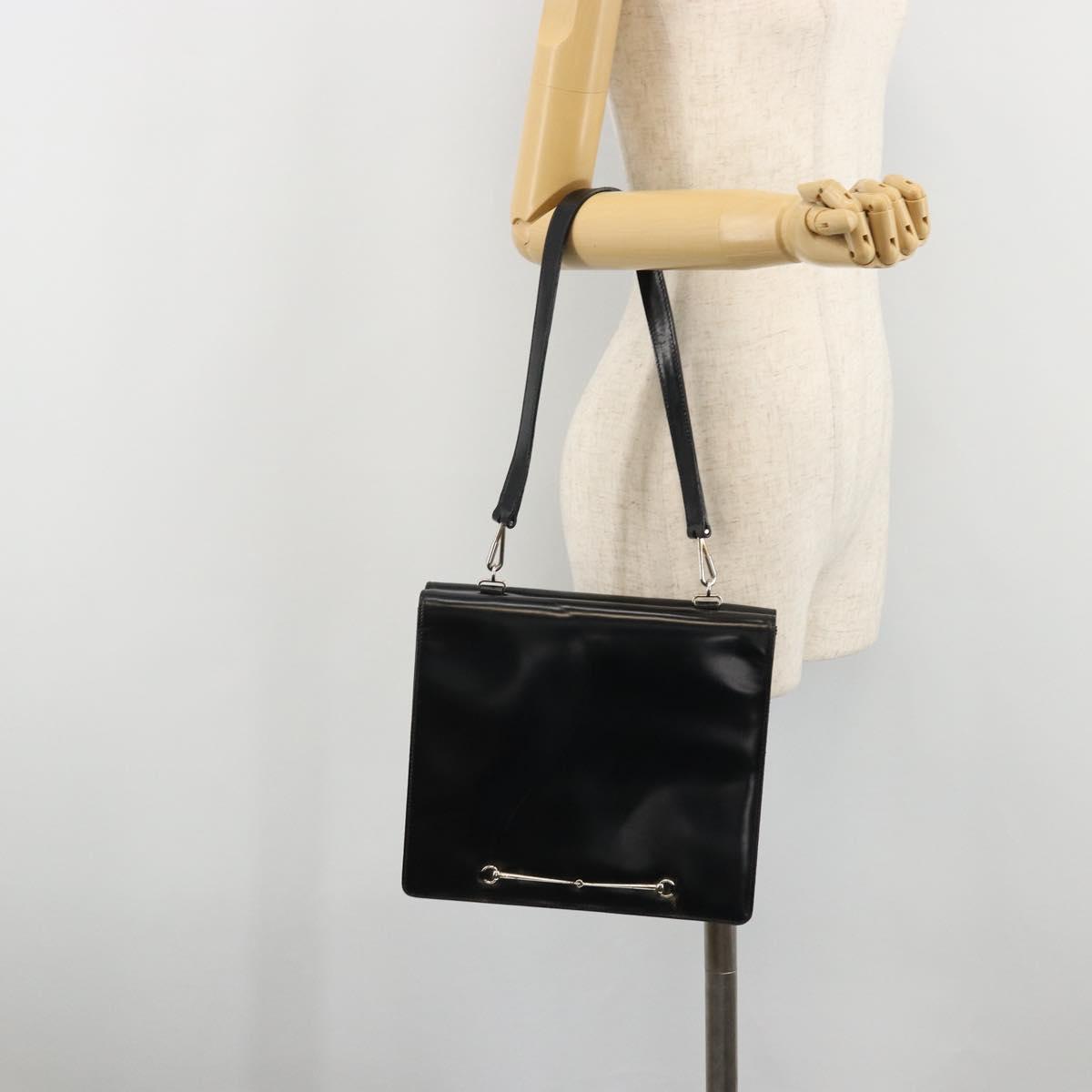 GUCCI Horsebit Shoulder Bag Patent leather Black Silver Auth 175800
