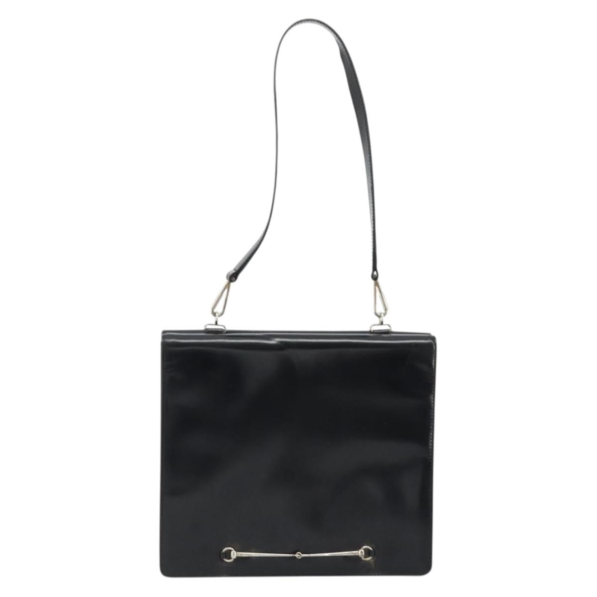 GUCCI Horsebit Shoulder Bag Patent leather Black Silver Auth 175800