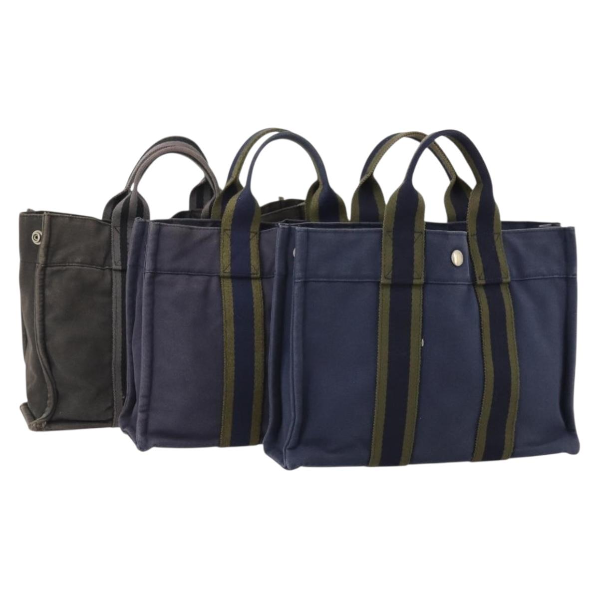 HERMES Fourre Tout PM Hand Bag Canvas 3 Set Navy Black Auth 175803