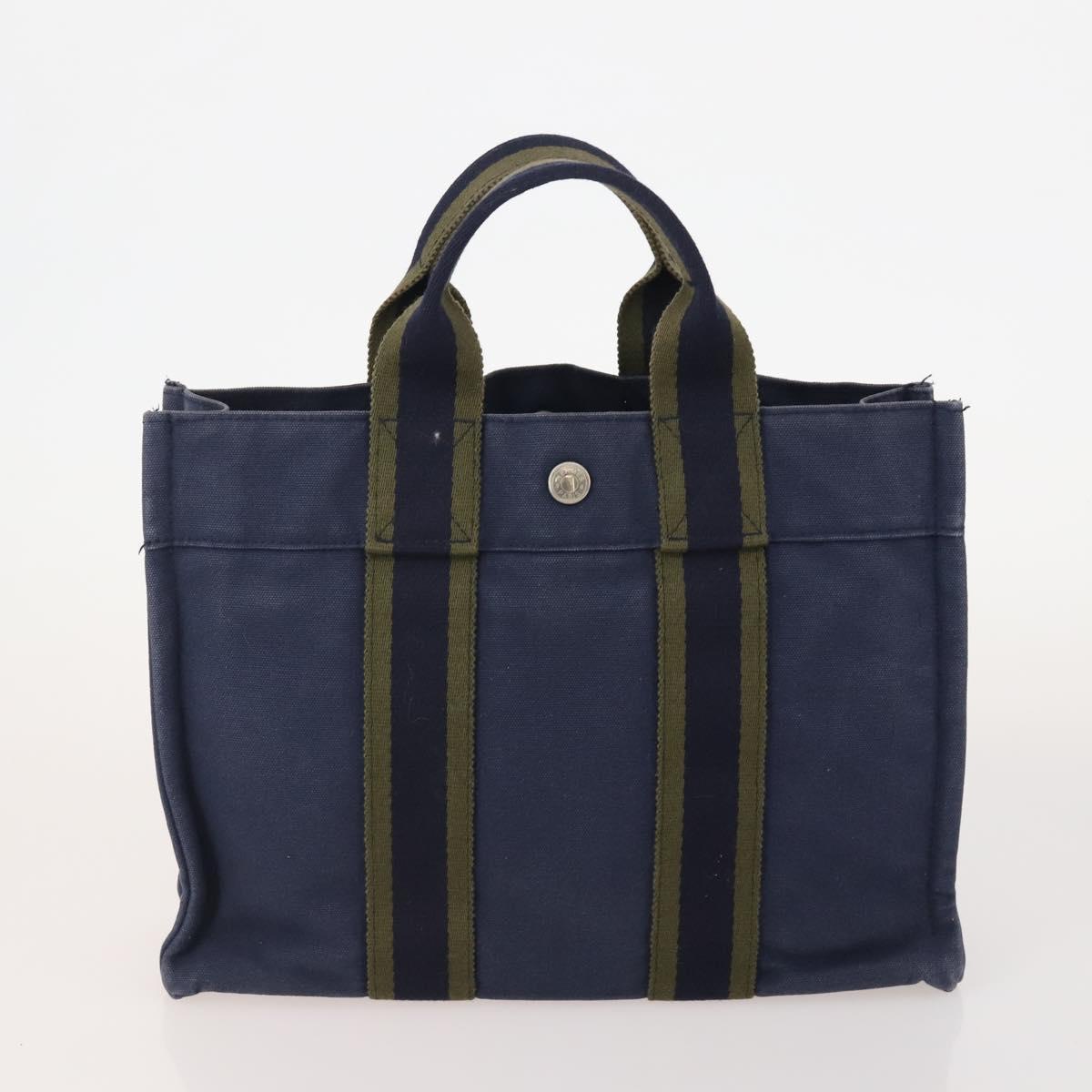 HERMES Fourre Tout PM Hand Bag Canvas 3 Set Navy Black Auth 175803