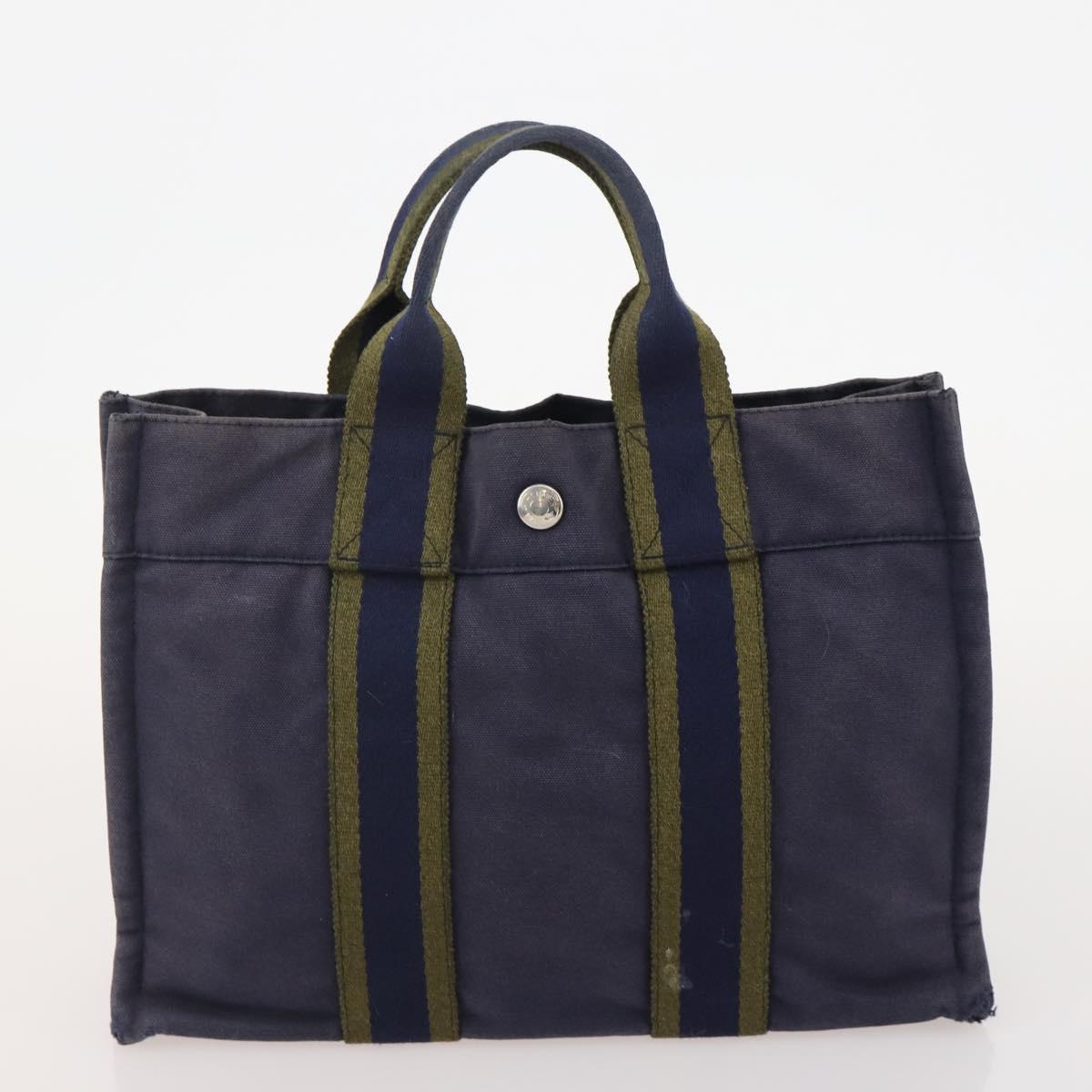 HERMES Fourre Tout PM Hand Bag Canvas 3 Set Navy Black Auth 175803