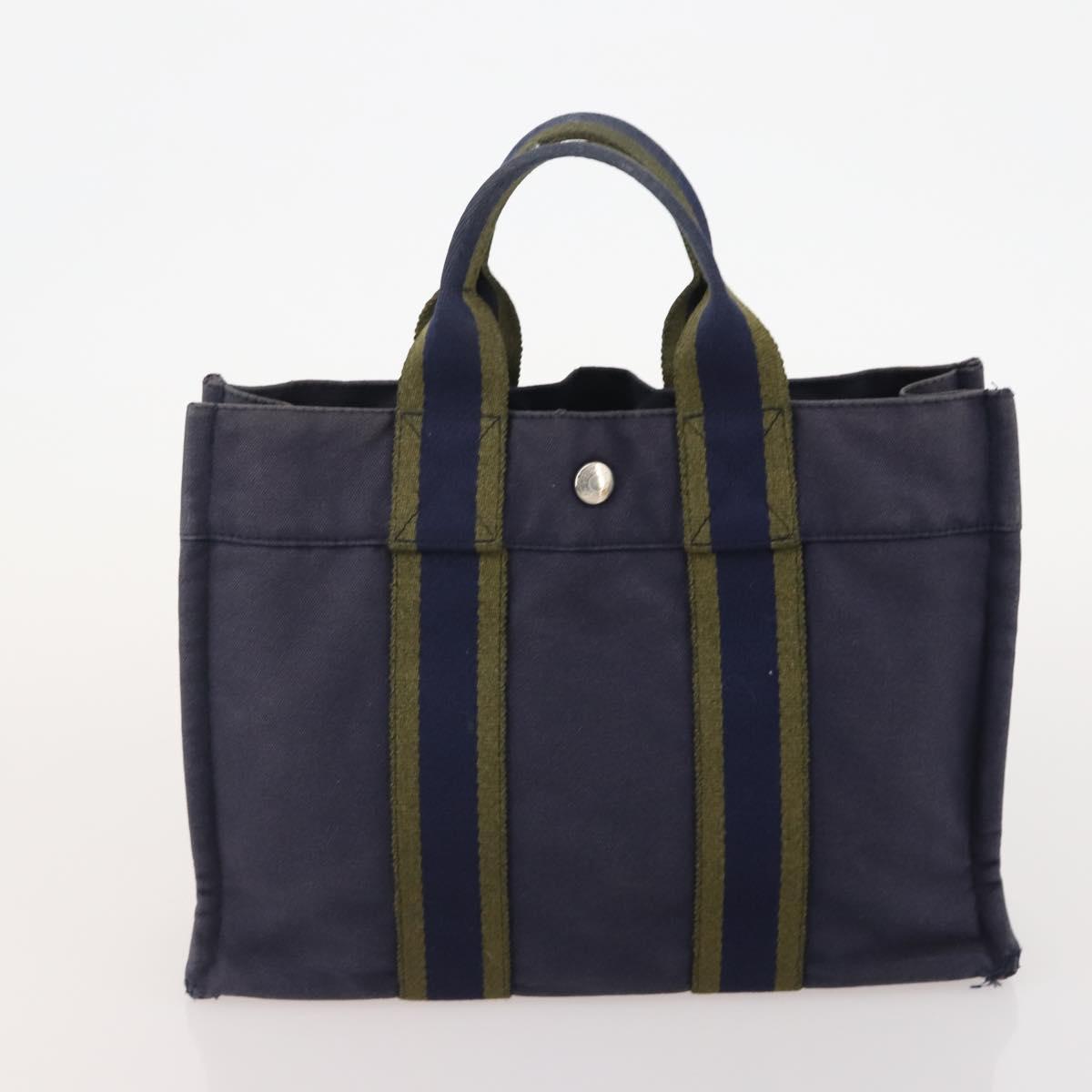 HERMES Fourre Tout PM Hand Bag Canvas 3 Set Navy Black Auth 175803