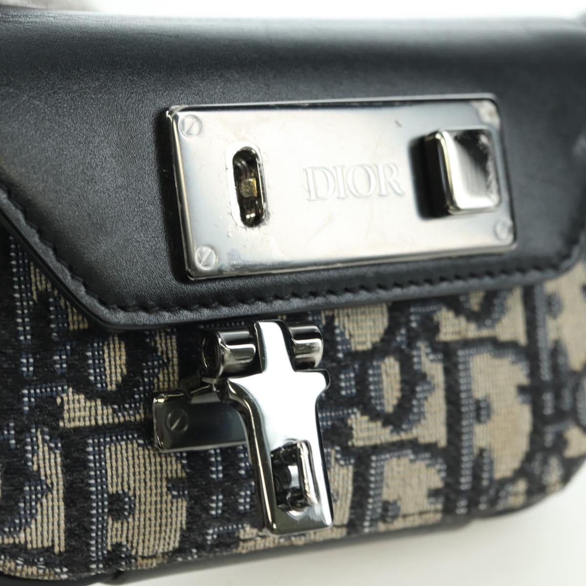 Christian Dior Trotter Canvas Dior Lock Shoulder Bag Navy Silver Auth 175822M