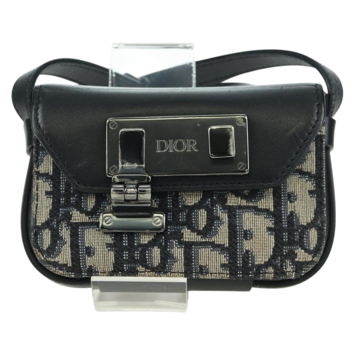 Christian Dior Trotter Canvas Dior Lock Shoulder Bag Navy Silver Auth 175822M