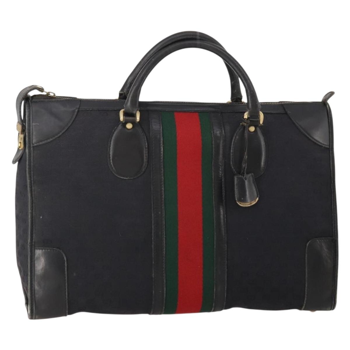 GUCCI GG Canvas Web Sherry Line Boston Bag Black Gold Auth 175830A