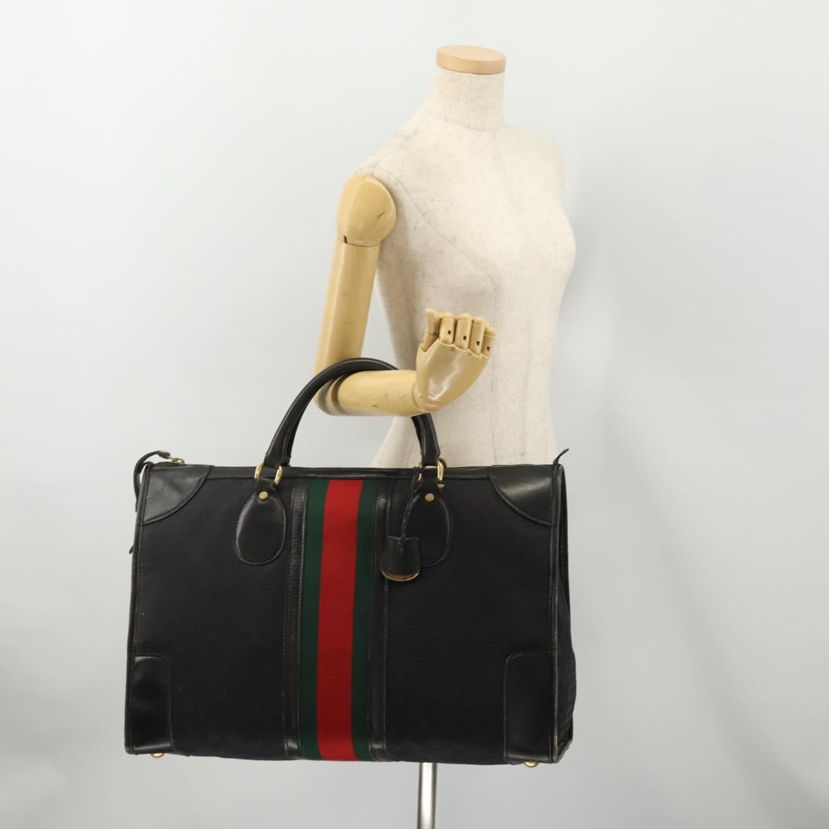 GUCCI GG Canvas Web Sherry Line Boston Bag Black Gold Auth 175830A