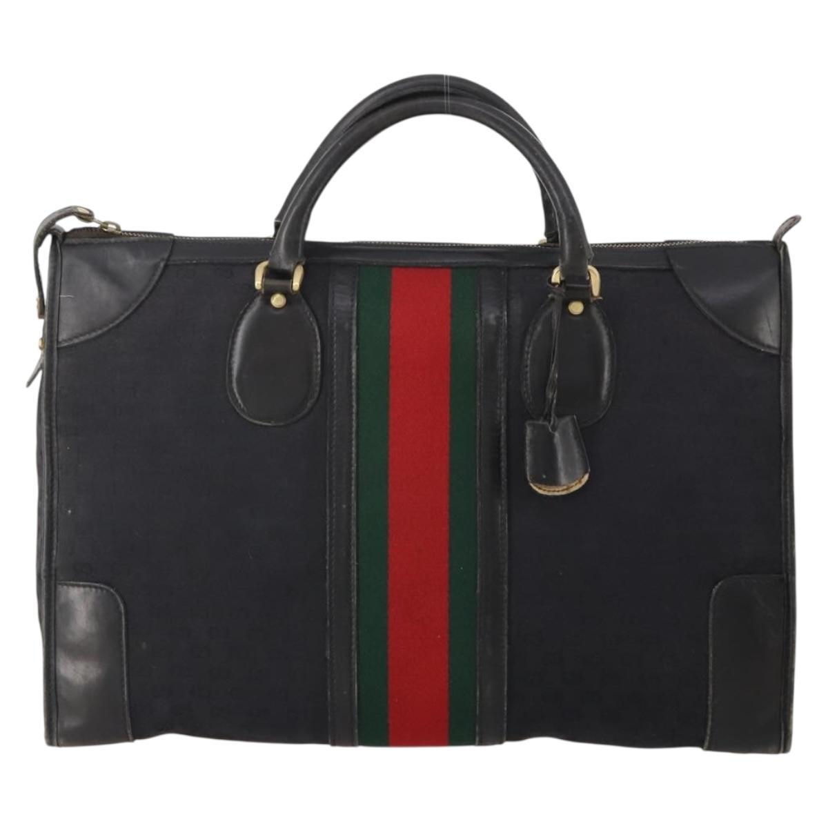 GUCCI GG Canvas Web Sherry Line Boston Bag Black Gold Auth 175830A