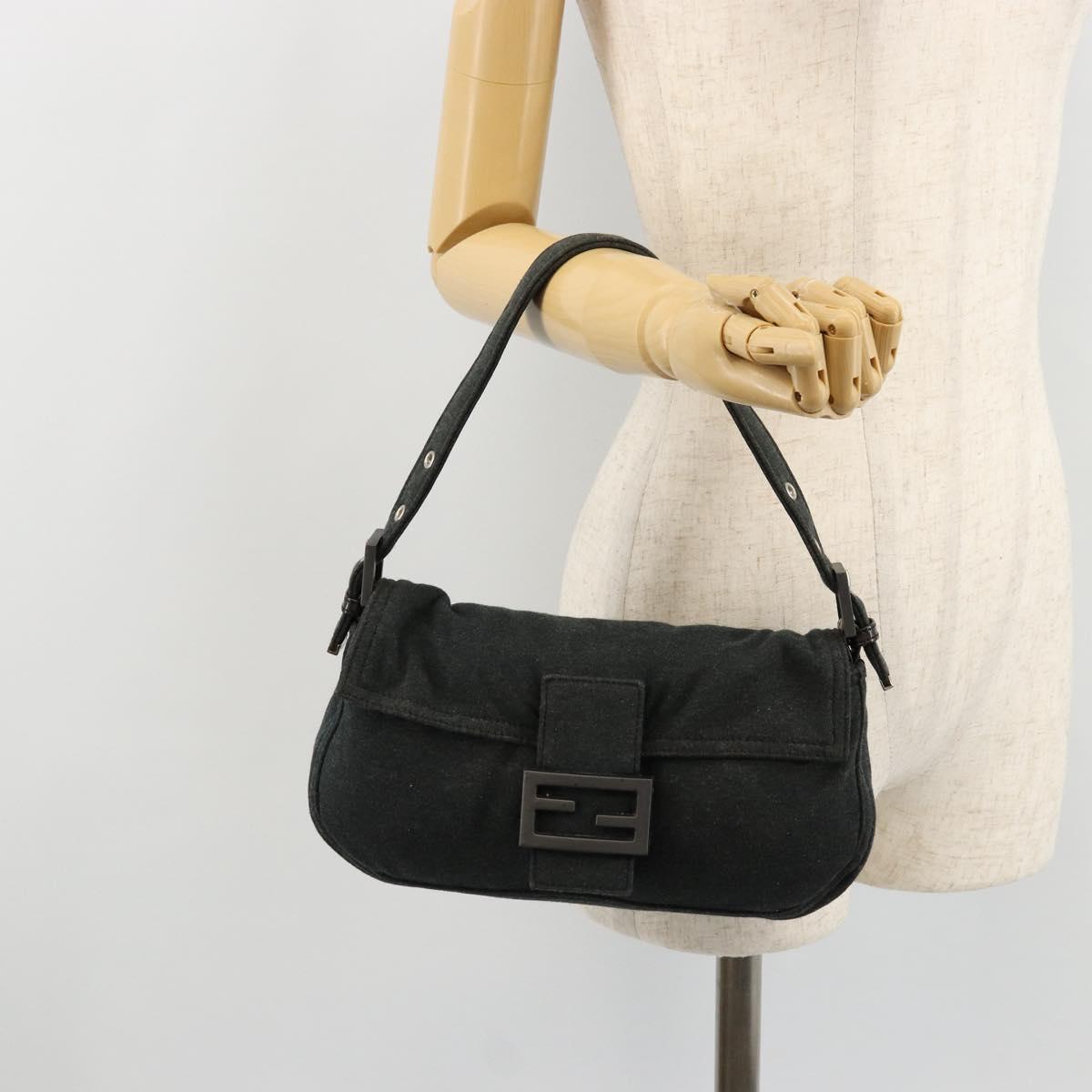 FENDI Mamma Baguette Shoulder Bag Cotton Gray Silver Auth 175848