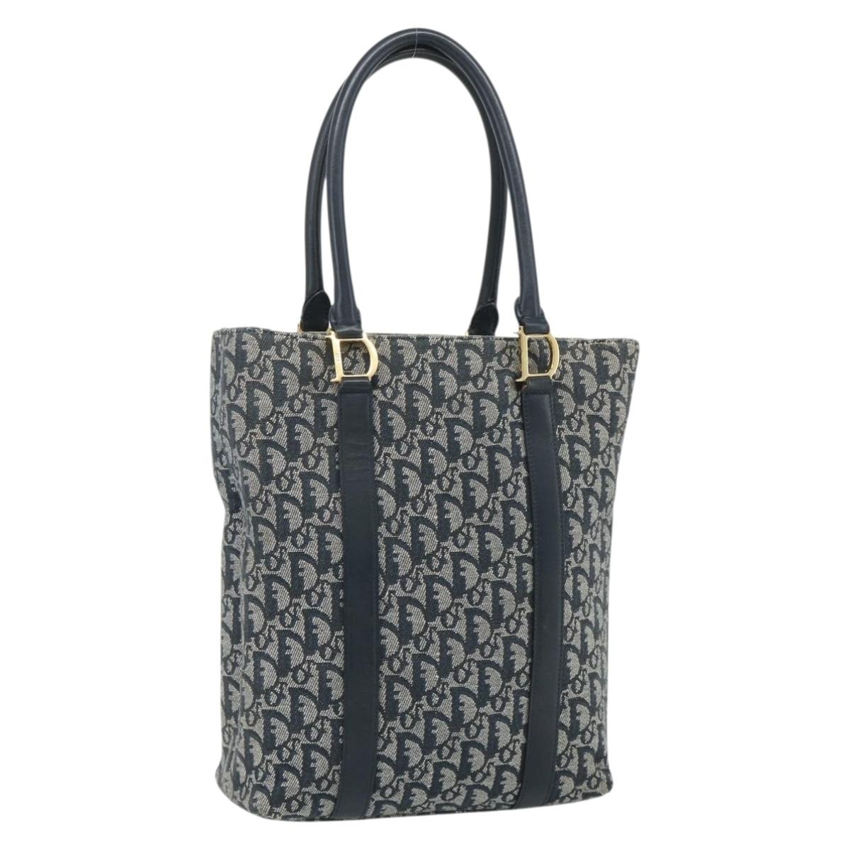 Christian Dior Trotter Canvas Tote Bag Navy Gold Auth 175856
